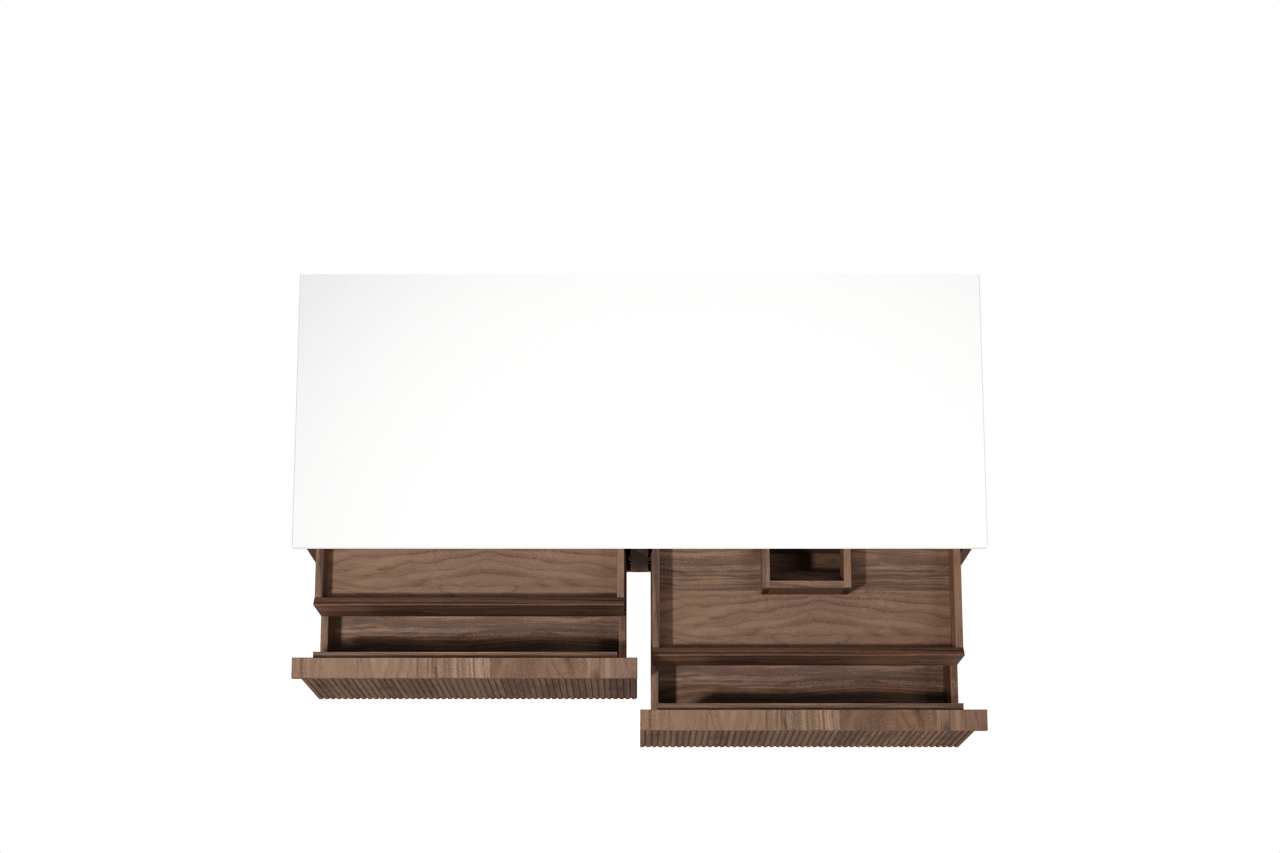 Balmani Forma zwevend badkamermeubel 135 x 55 cm amerikaanse notelaar met Stretto enkel of dubbel tablet in solid surface mat wit, Verticale symmetrische rechte ribbel