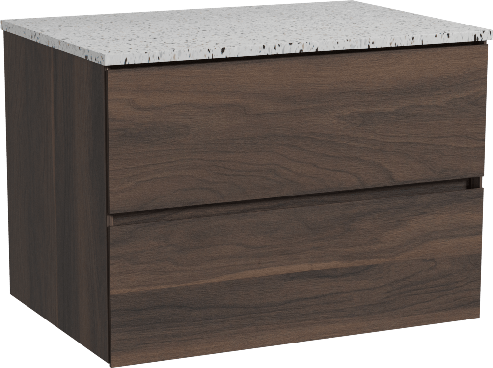 Storke Edge zwevend badkamermeubel 75 x 52 cm notelaar met Tavola enkel tablet in mat wit/zwart terrazzo