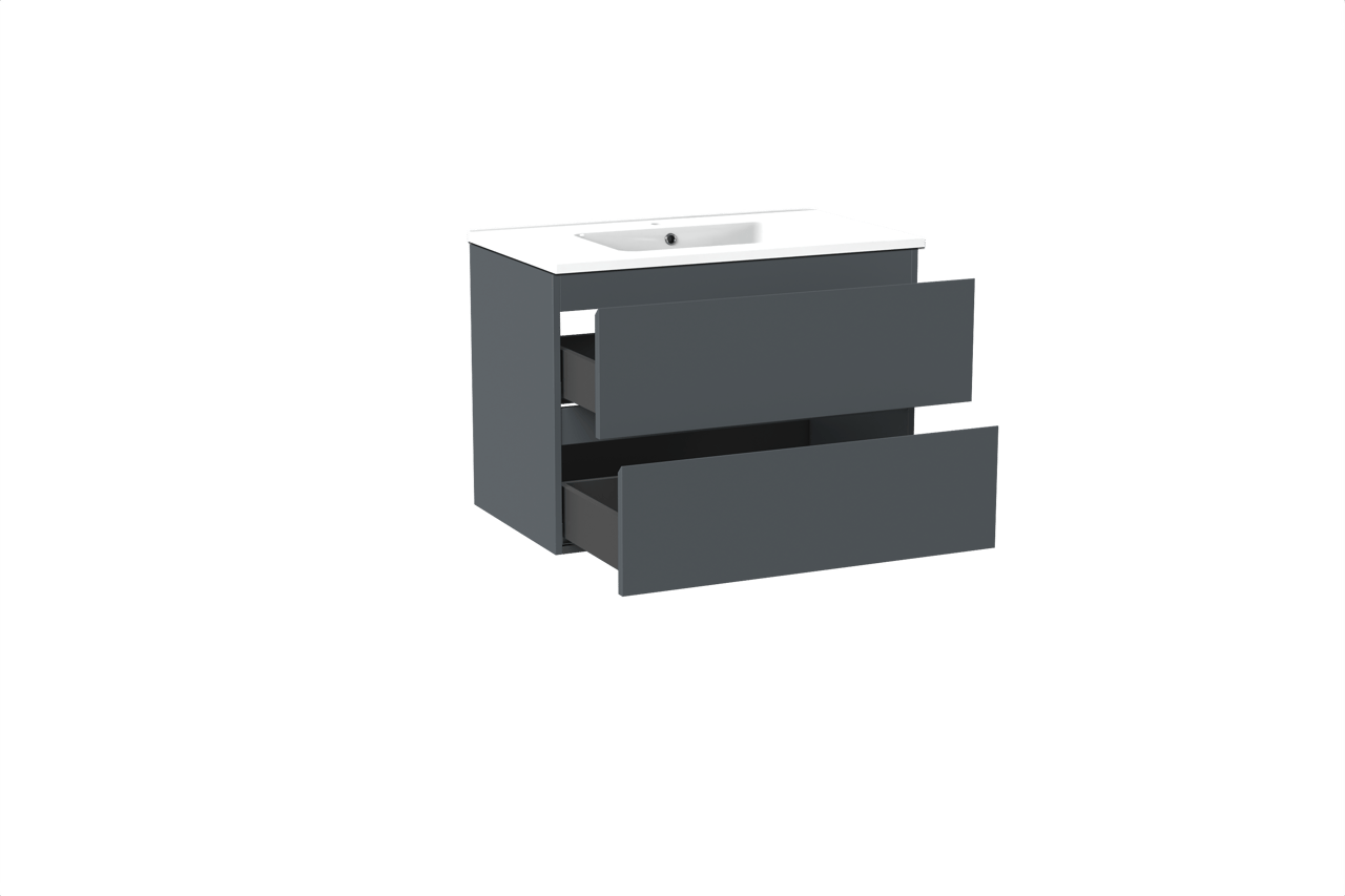 Linie Lado hängendes Möbelstück Set: 80 x 46 cm, Anthrazitblau, mit Vano Einzelwaschtisch, Marmorkomposit Weiß glänzend