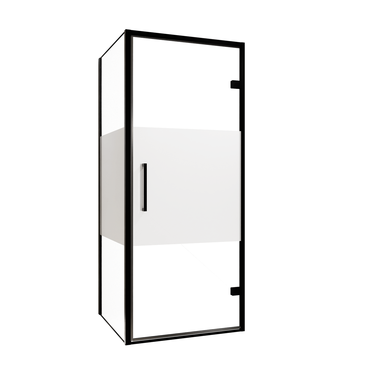 Balmani Senses Design douchecabine met rechtse draaideur en vaste zijwand, 90 x 100 cm, Helder glas met matte strook, Zwarte profielen