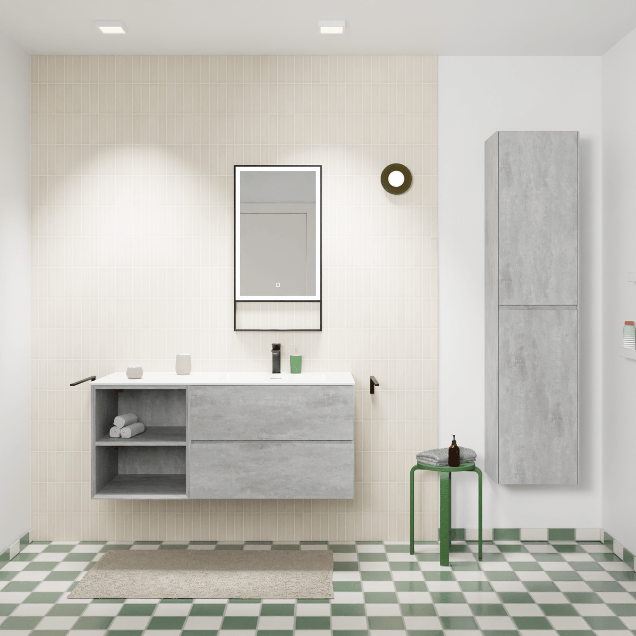 Storke Edge meuble salle de bains suspendu 120 x 52 cm béton gris foncé avec Mata plan vasque asymétrique à droite en solid surface blanc mat