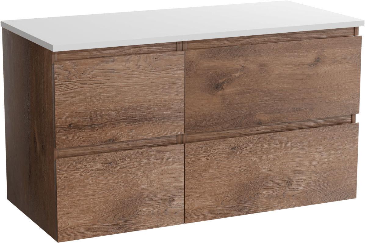 Linie Lado hängendes Möbelstück Set: 100 x 46 cm, Braune Eiche, mit Lado Einzel- oder Doppel Waschtischplatte, Marmorkomposit Weiß matt