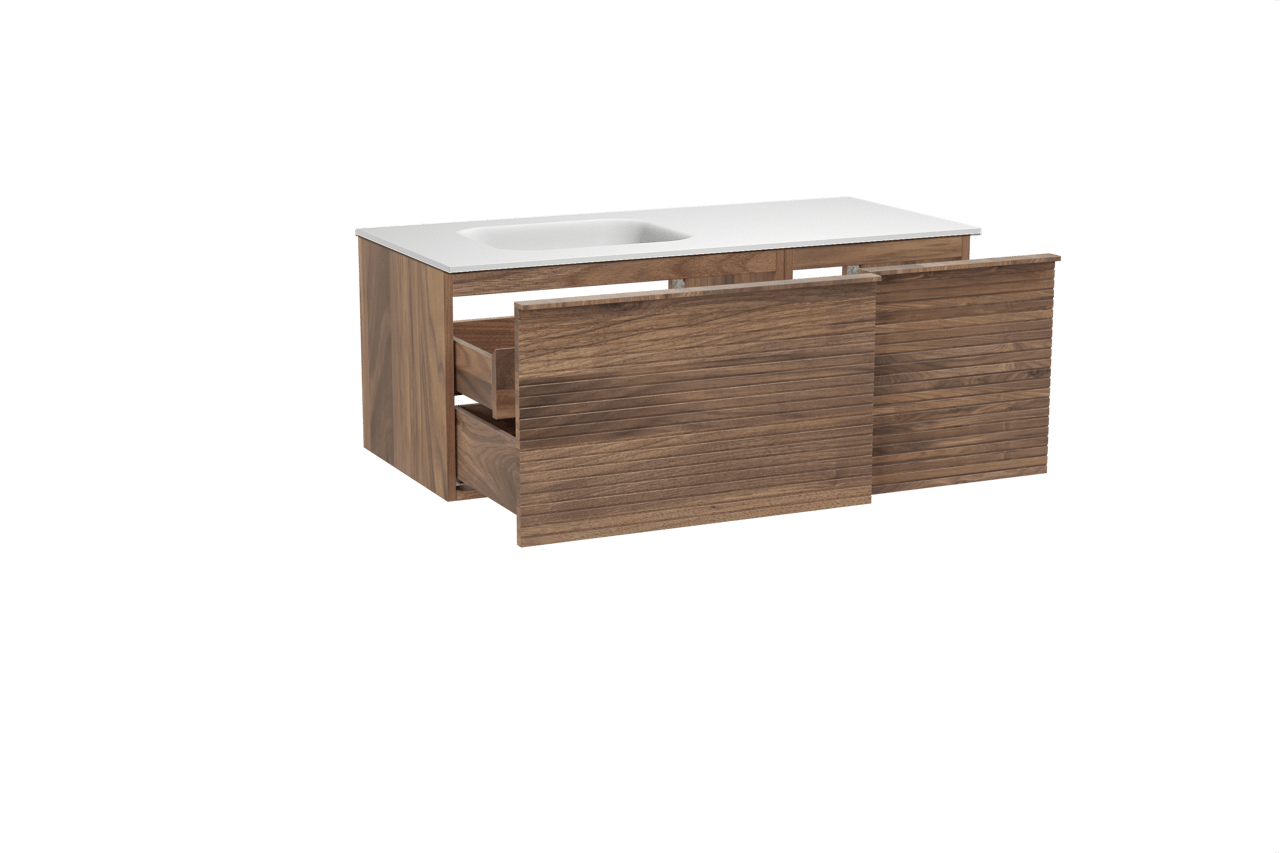 Balmani Forma hängendes Möbelstück Set: 120 x 55 cm, Amerikanischer Nussbaum, mit Tablo Arcato Waschtisch links, Solid Surface, Weiß matt, Horizontale symmetrische gerade Rippe