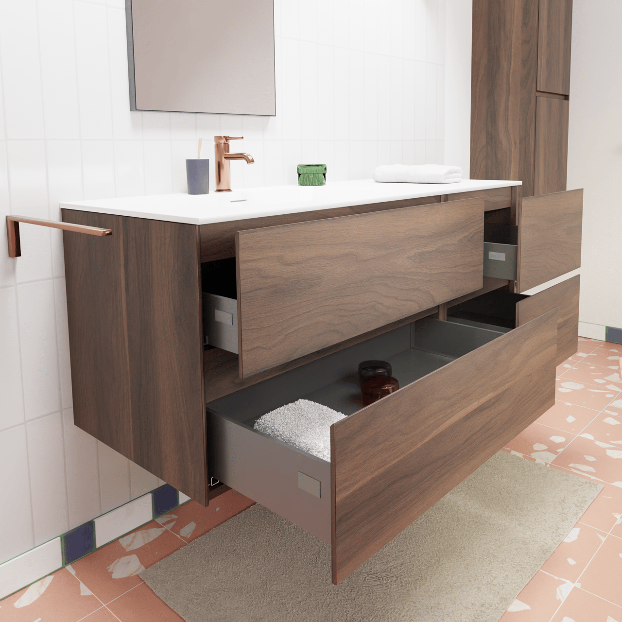 Storke Edge hängendes Möbelstück Set: 130 x 52 cm, Nussbaum, mit Mata Waschtisch links, Solid Surface Weiß matt