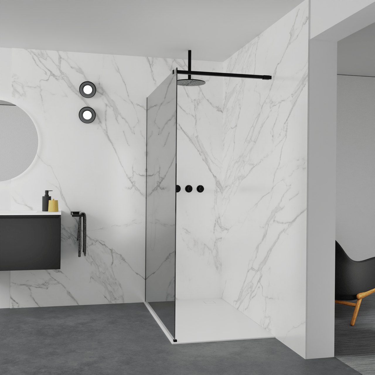 Balmani Modular douche à l'italienne: 140 x 200 cm, Verre miroir reflex, avec coating, Profil Noir mat