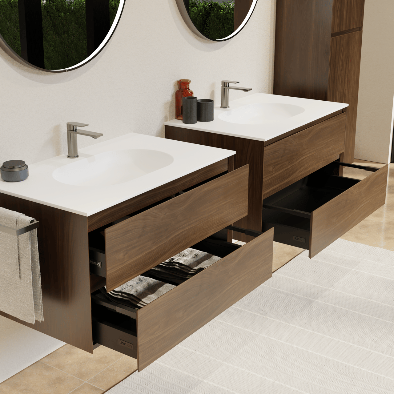 Balmani Mitra meuble salle de bains suspendu 90 x 55 cm noyer américain avec Tablo Oval plan simple en solid surface blanc mat