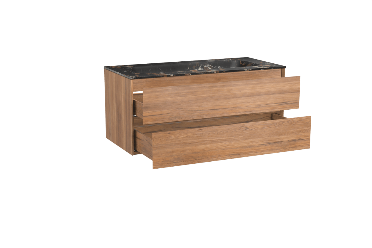 Balmani Mitra meuble salle de bains suspendu 120 x 55 cm teck avec Tablo Arcato lavabo simple pour 2 trous de robinet en marbre portoro gold