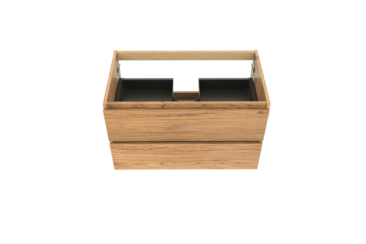 Balmani Lucida hängender Waschbeckenunterschrank: 90 x 55 cm, Teak, 2 Schubladen