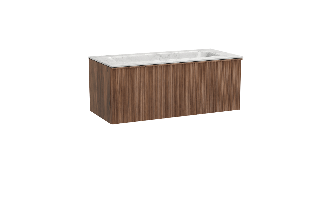 Balmani Forma meuble salle de bains suspendu 120 x 55 cm noyer américain avec Tablo Arcato plan simple en marbre carrara, Nervure circulaire asymétrique verticale
