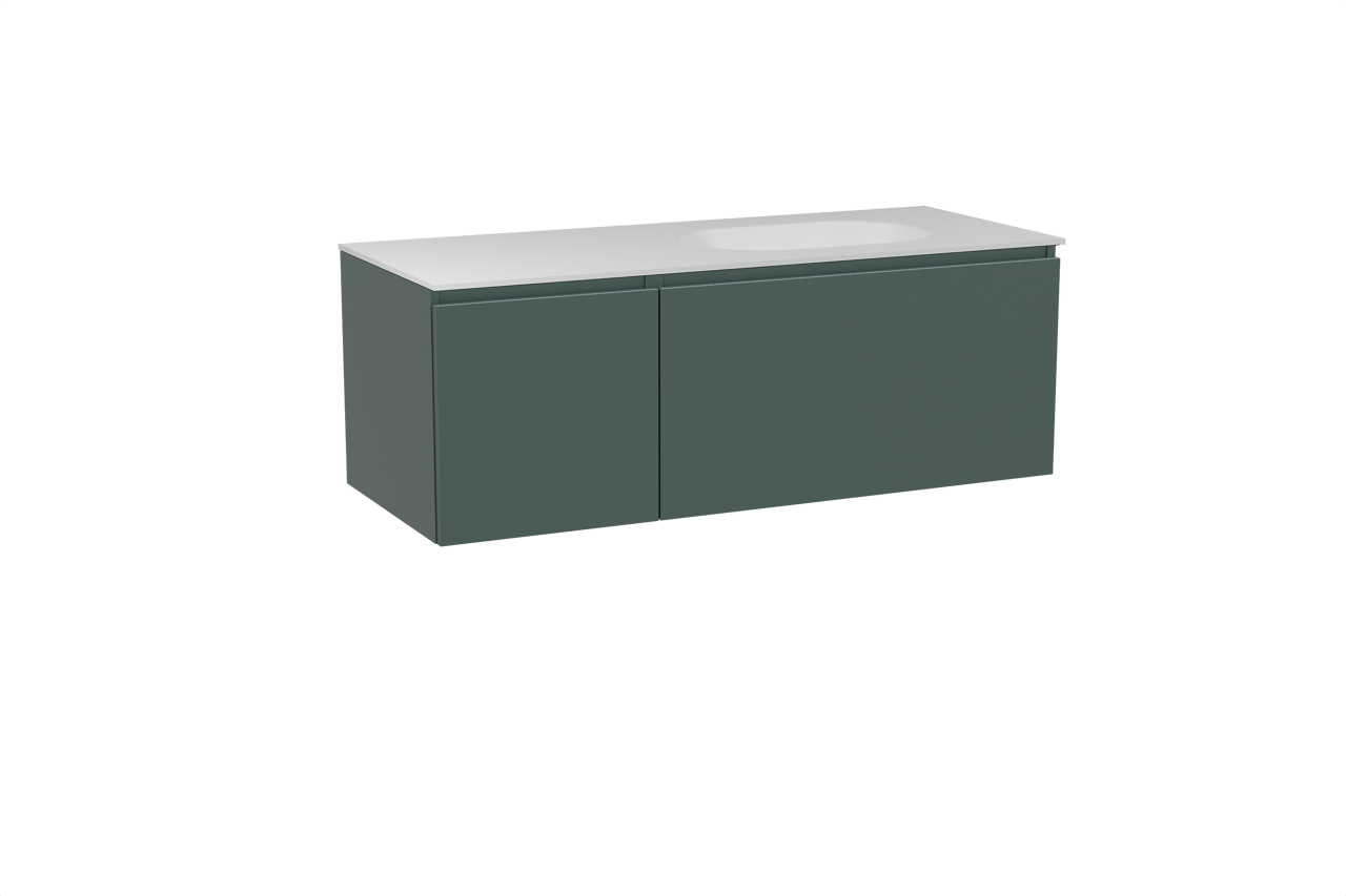 Balmani Sfera meuble salle de bains suspendu 135 x 55 cm forest avec Tablo Oval vasque asymétrique droite en solid surface blanc mat