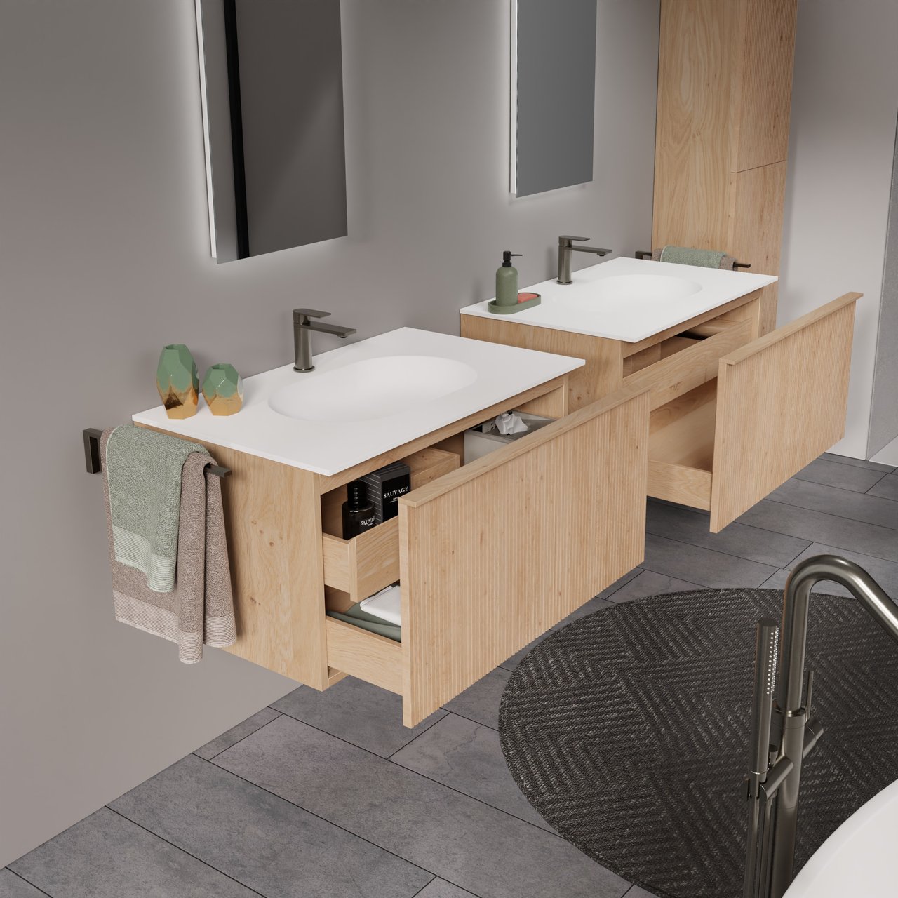 Balmani Forma hängendes Möbelstück Set: 90 x 55 cm, Naturbelassene Eiche, mit Tablo Oval Einzelwaschtisch, Solid Surface, Weiß matt, Vertikale symmetrische gerade Rippe