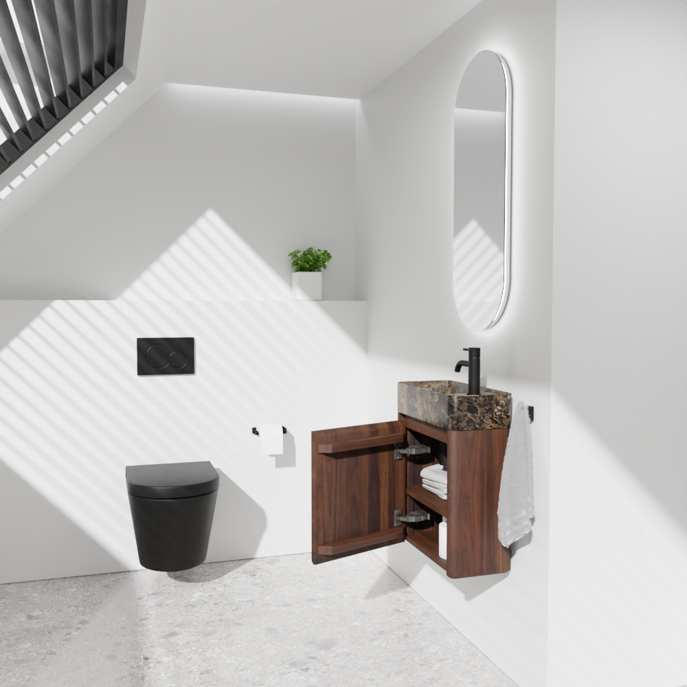 Balmani Fara meuble wc suspendu 45 x 22 cm noyer américain avec Fara lavabo en marbre Dark Emperador