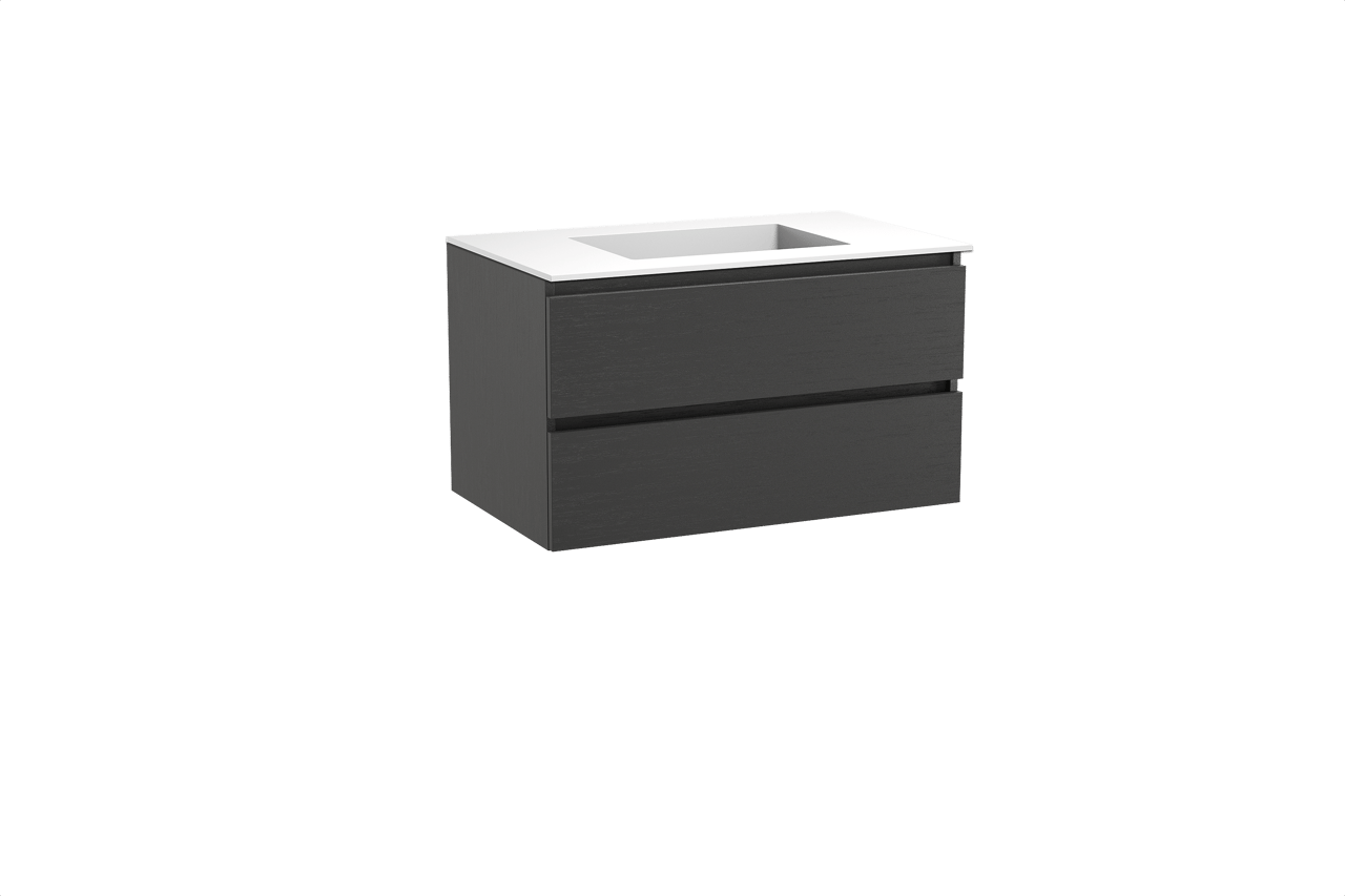 Balmani Lucida meuble salle de bains suspendu 90 x 55 cm chêne noir avec Tablo Stretto plan simple en solid surface blanc mat