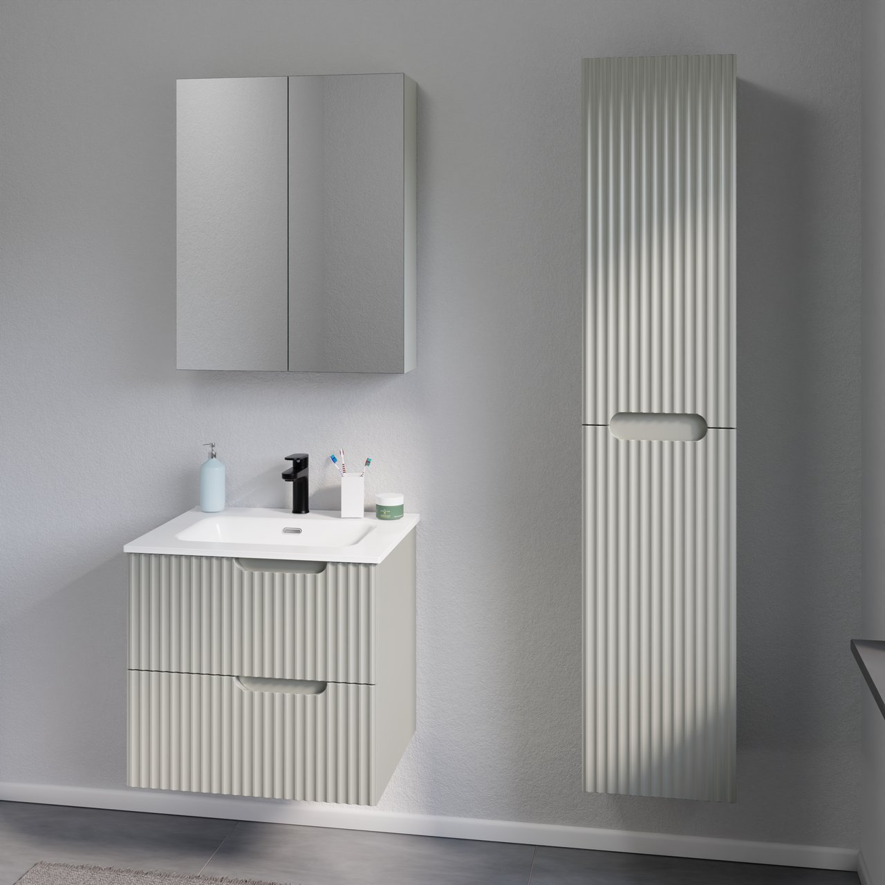 Linie Ribbo hängendes Möbelstück Set: 60 x 46 cm, Greige, mit Baro Einzelwaschtisch, Porzellan, Weiß matt, Vertikale symmetrische runde Rippe