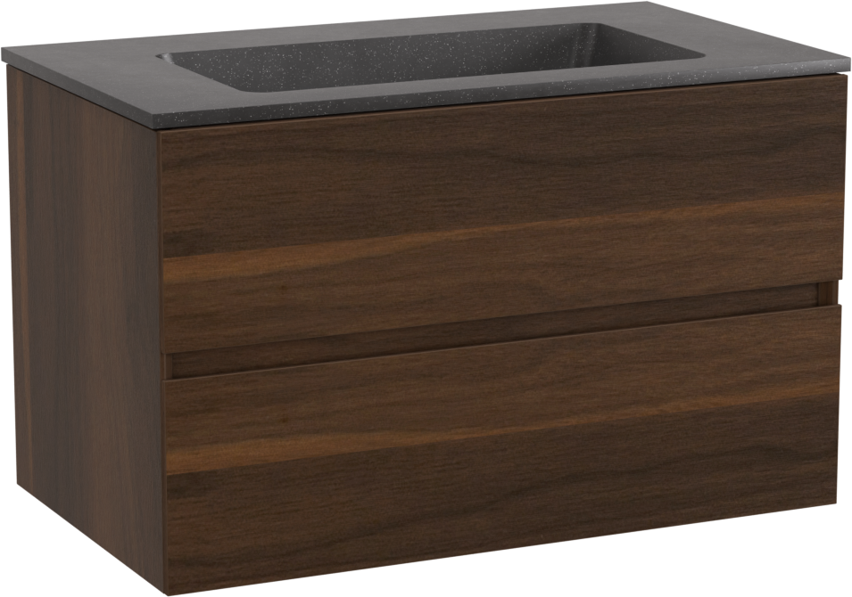 Storke Edge zwevend badkamermeubel 80 x 46 cm notelaar met Scuro enkele wastafel in kwarts mat zwart