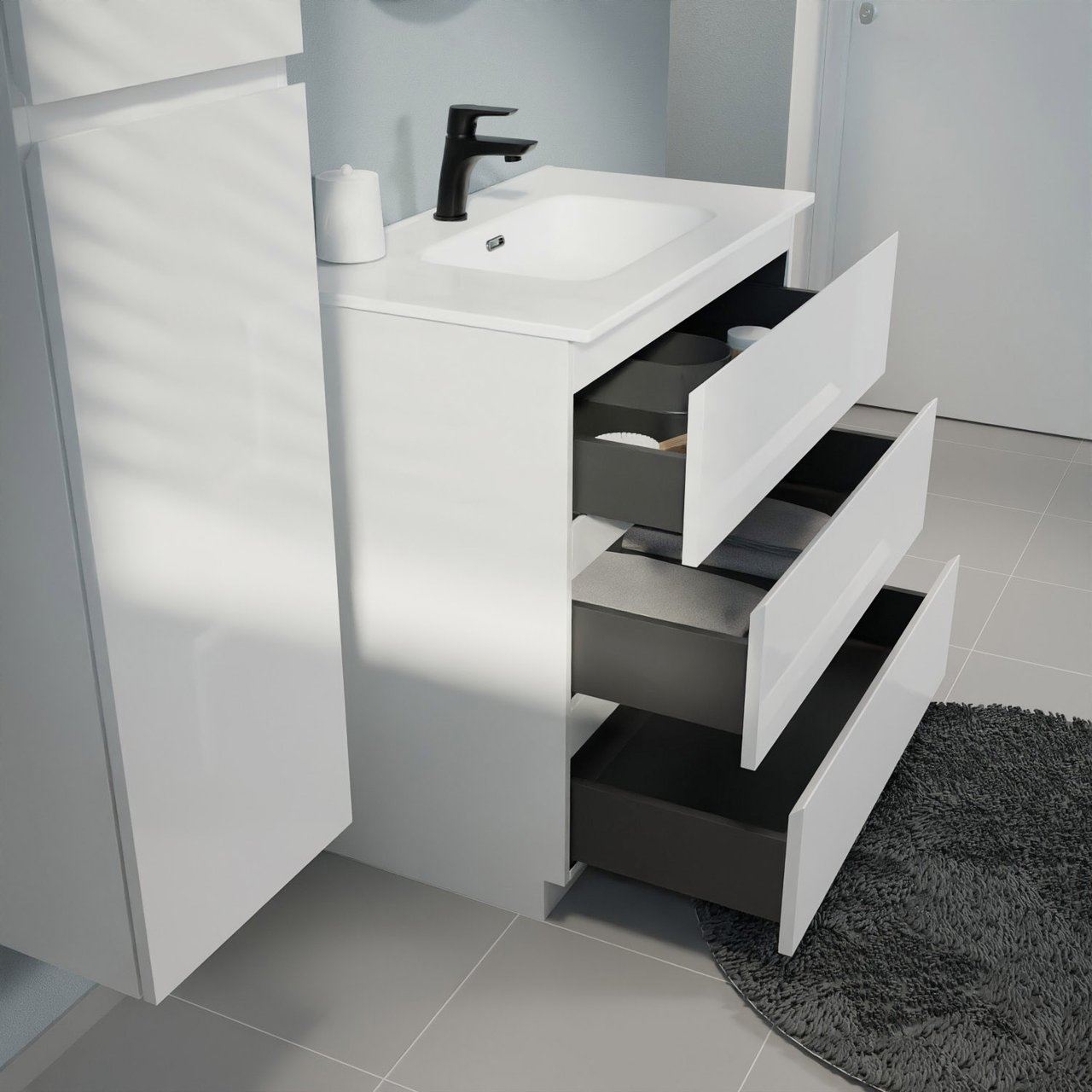 Linie Lado freistehendes Möbelstück Set: 80 x 46 cm, Weiß matt, mit Baro Einzelwaschtisch, Porzellan Weiß glänzend