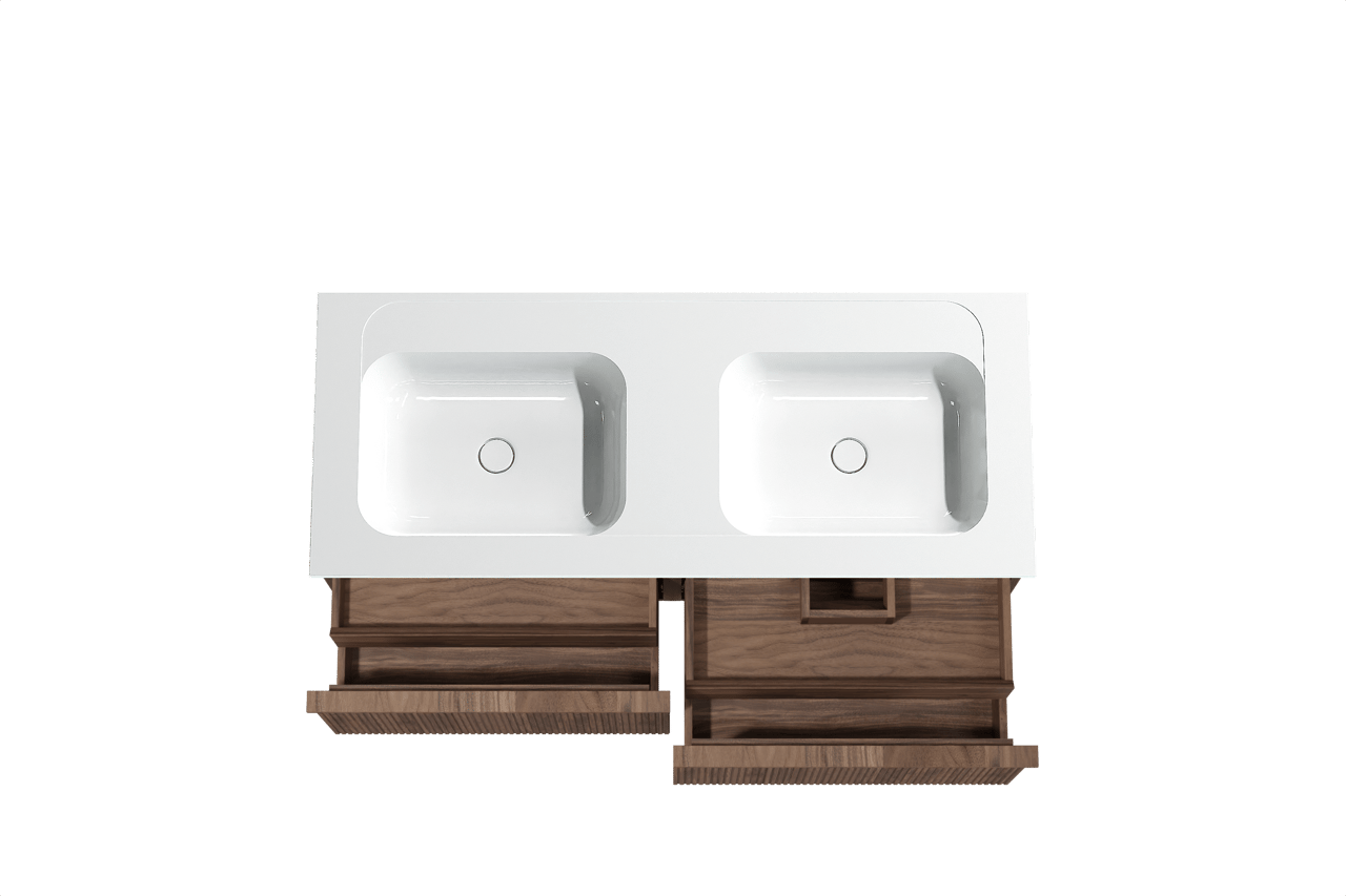 Balmani Forma meuble salle de bains suspendu 135 x 55 cm noyer américain avec Tablo Strada double vasque en marbre composite blanc brillant, Nervure droite symétrique verticale