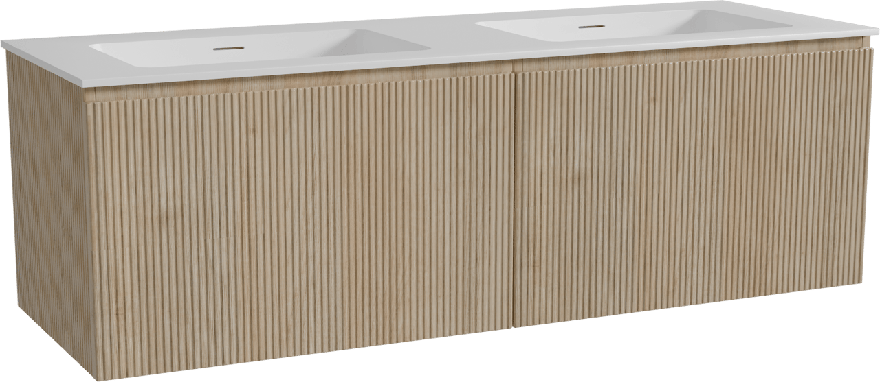Storke Ribs zwevend badmeubel 150 x 52 cm ruw eiken met Mata dubbele wastafel in solid surface mat wit, Verticale symmetrische rechte ribbel
