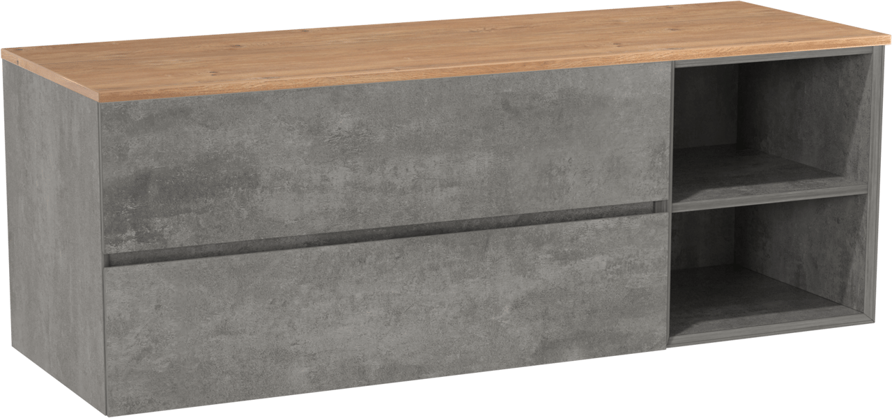 Storke Edge zwevend badmeubel 150 x 52 cm beton donkergrijs met Panton enkel of dubbel wastafelblad in melamine ruw eiken
