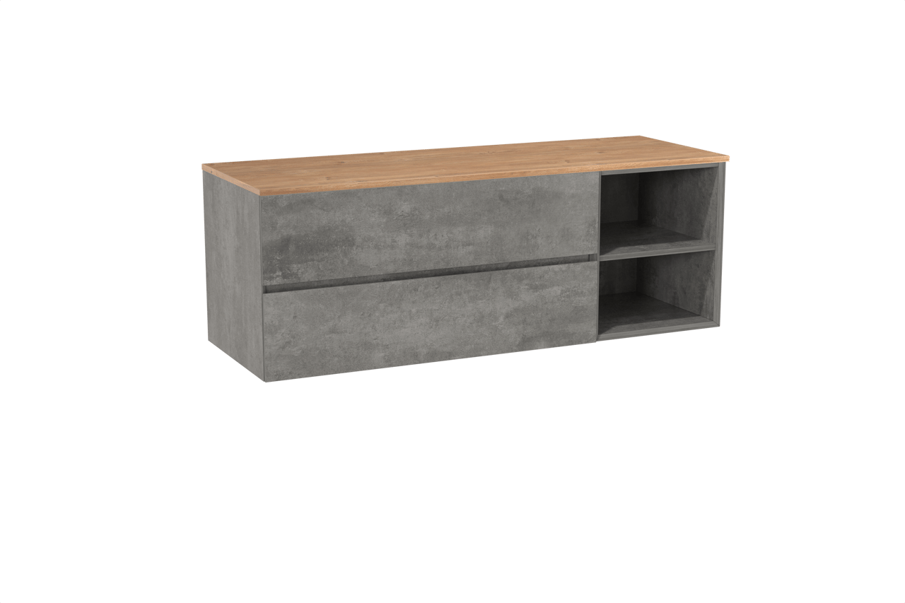 Storke Edge hängendes Möbelstück Set: 150 x 52 cm, Beton dunkelgrau, mit Panton Einzel- oder Doppel Waschtischplatte, Melamin Rohe Eiche