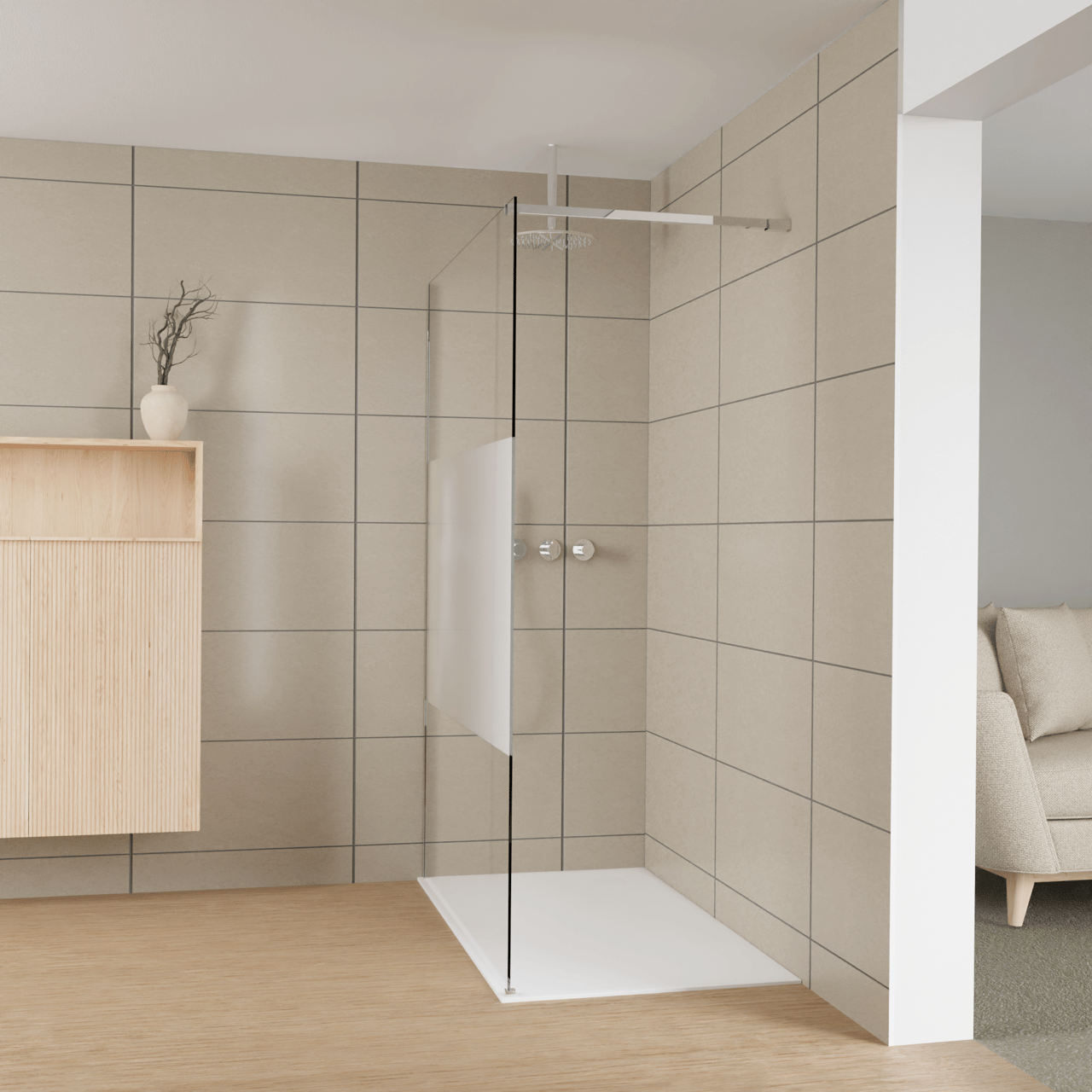 Balmani Modular douche à l'italienne: 140 x 200 cm, Verre transparent avec bande matte, avec coating, Profil Chrome brillant