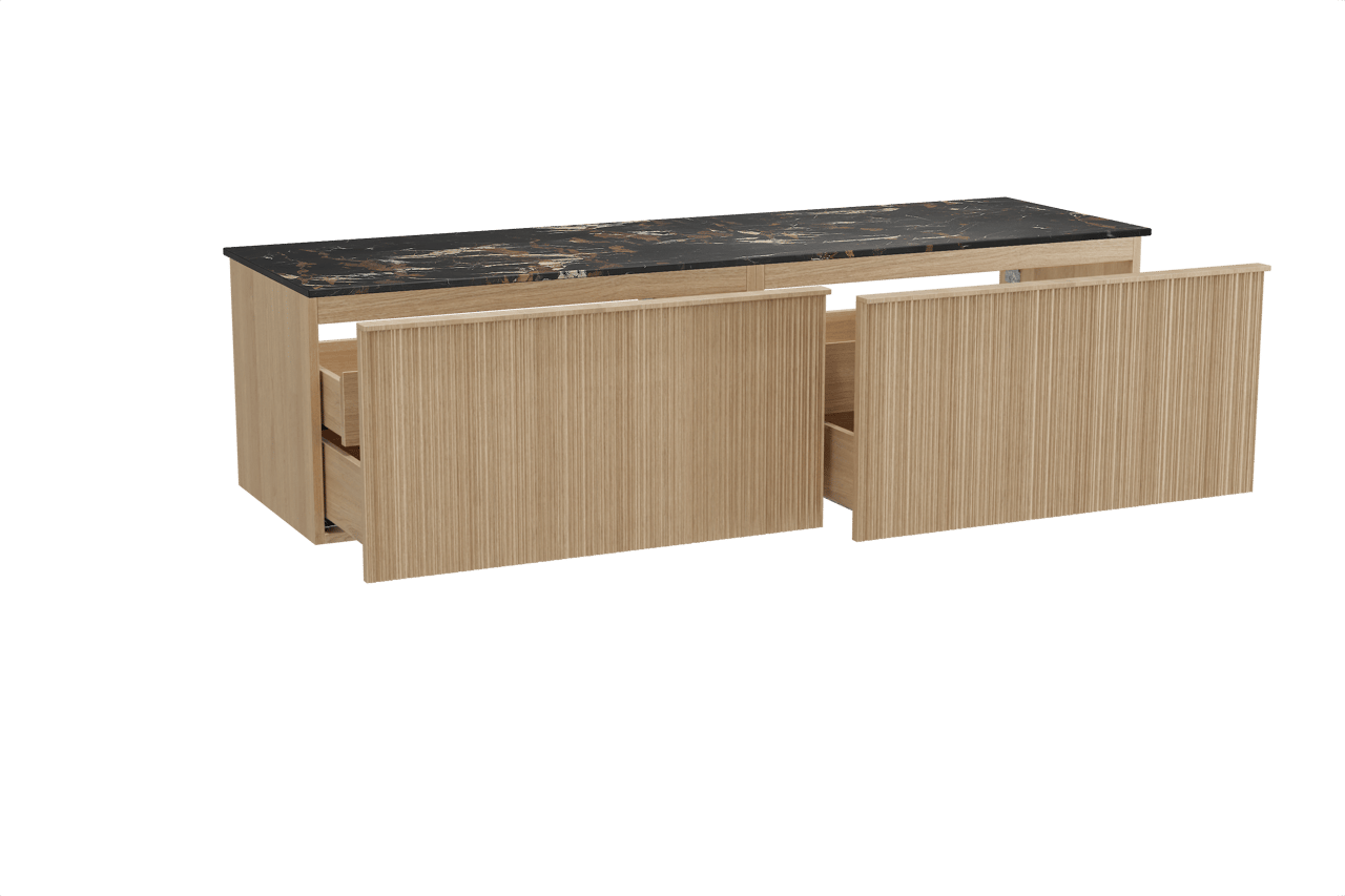 Balmani Forma hängendes Möbelstück Set: 180 x 55 cm, Naturbelassene Eiche, mit Stretto Einzel- oder Doppel Waschtischplatte, Marmor, Portoro Gold, Vertikale asymmetrische Runde Rippe