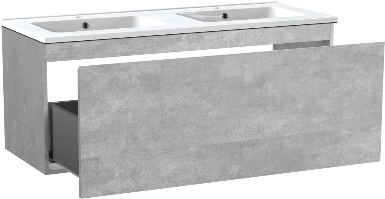 Linie Lado zwevend badmeubel 120 x 46 cm beton donkergrijs met Vano dubbele wastafel in composietmarmer hoogglans wit