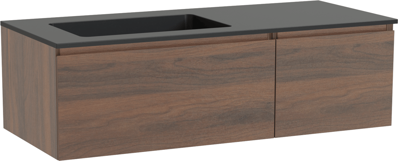 Storke Edge zwevend badkamermeubel 120 x 52 cm notelaar met Scuro asymmetrisch linkse wastafel in kwarts mat zwart