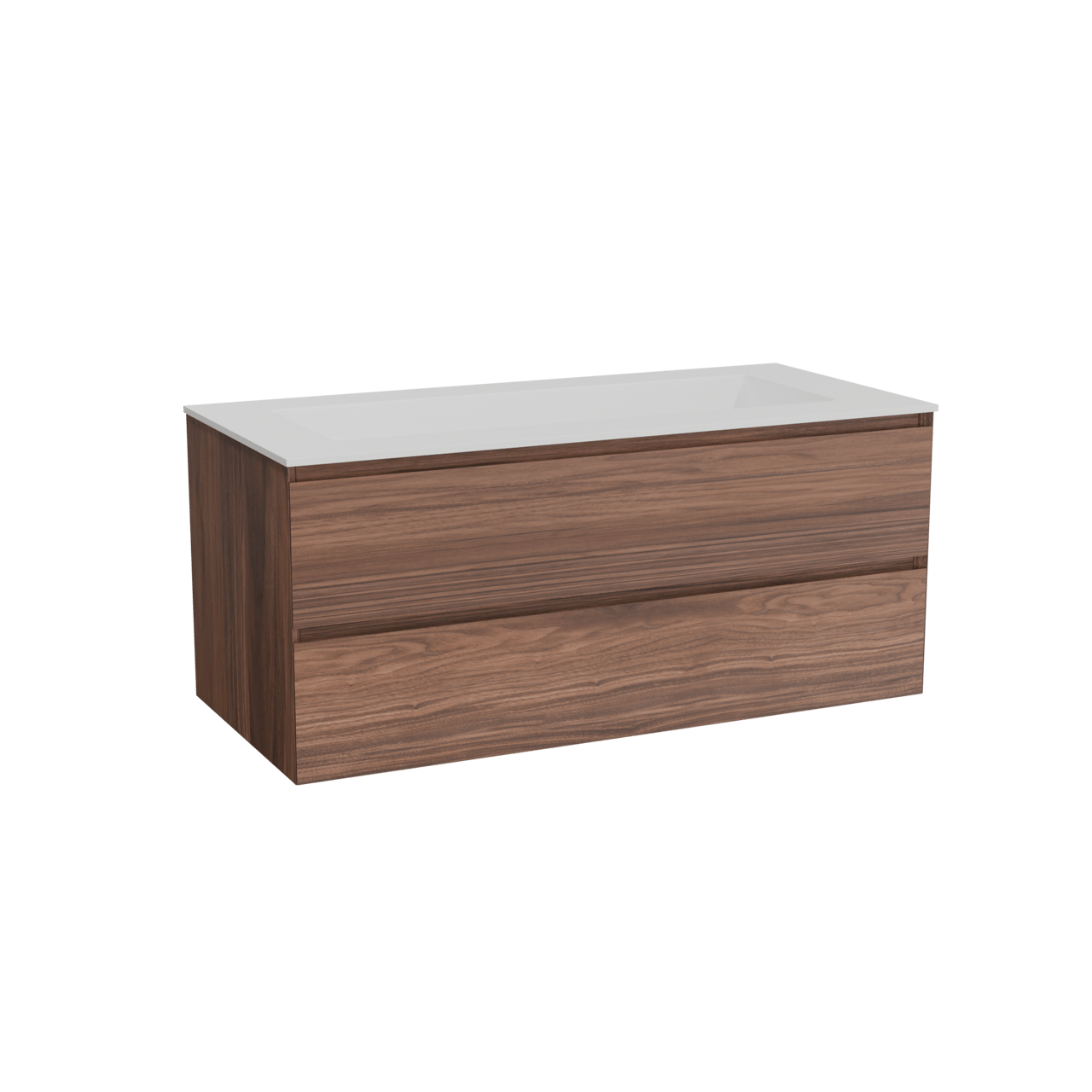 Balmani Mitra zwevend badkamermeubel 120 x 55 cm notelaar met Tablo Stretto enkele wastafel voor 2 kraangaten in solid surface mat wit