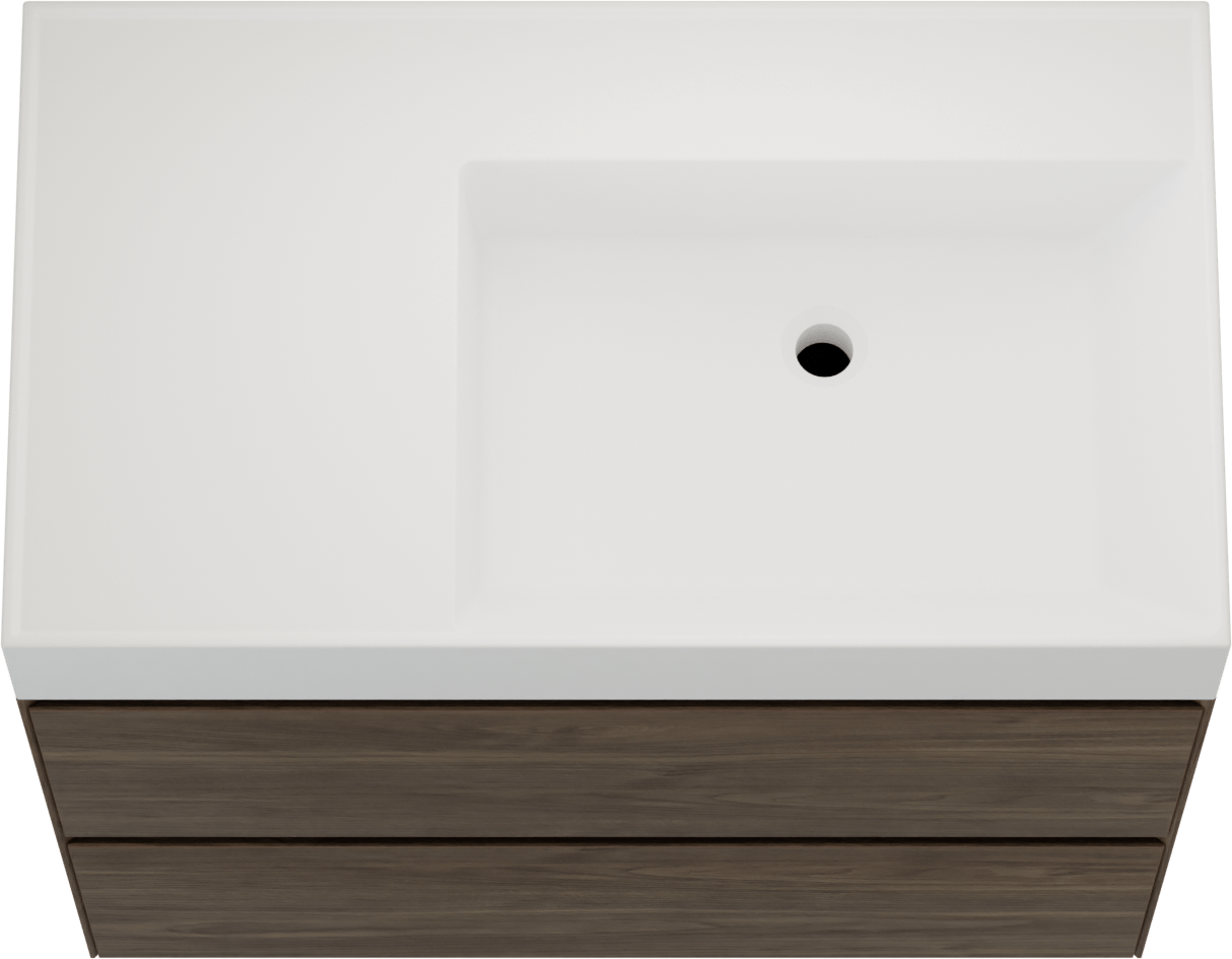 Balmani Mitra Compact zwevend badkamermeubel 80 x 46 cm Amerikaanse notelaar met Argila asymmetrisch rechtse wastafel in composietmarmer mat wit