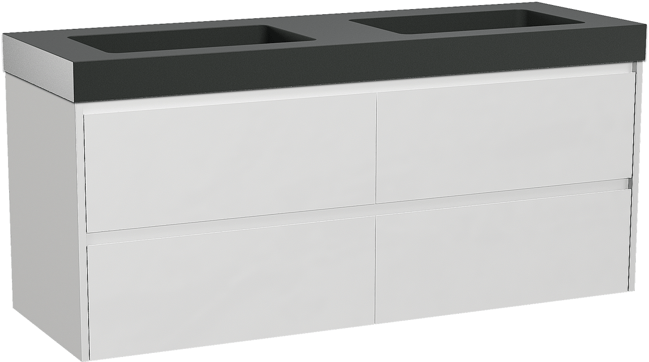 Storke Seda zwevend badmeubel 150 x 52 cm mat wit met Scuro High dubbele wastafel in kwarts mat zwart