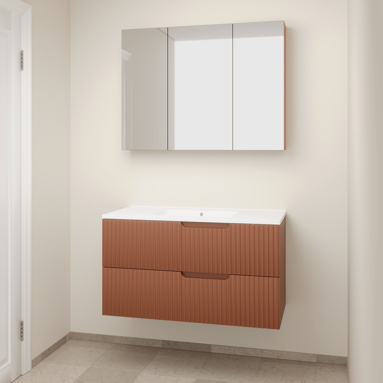 Linie Ribbo zwevend badmeubel 100 x 46 cm cotto met Vano enkele wastafel in composietmarmer mat wit, Verticale symmetrische ronde ribbel en Montro spiegelkast