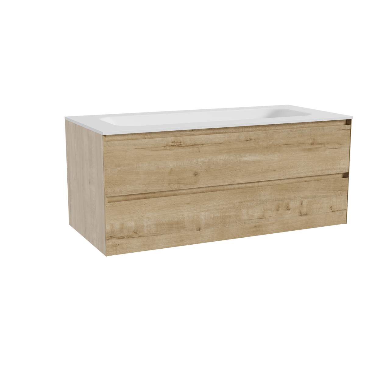 Balmani Mitra zwevend badkamermeubel 120 x 55 cm ruwe eik met Tablo Arcato enkele wastafel voor 2 kraangaten in solid surface mat wit