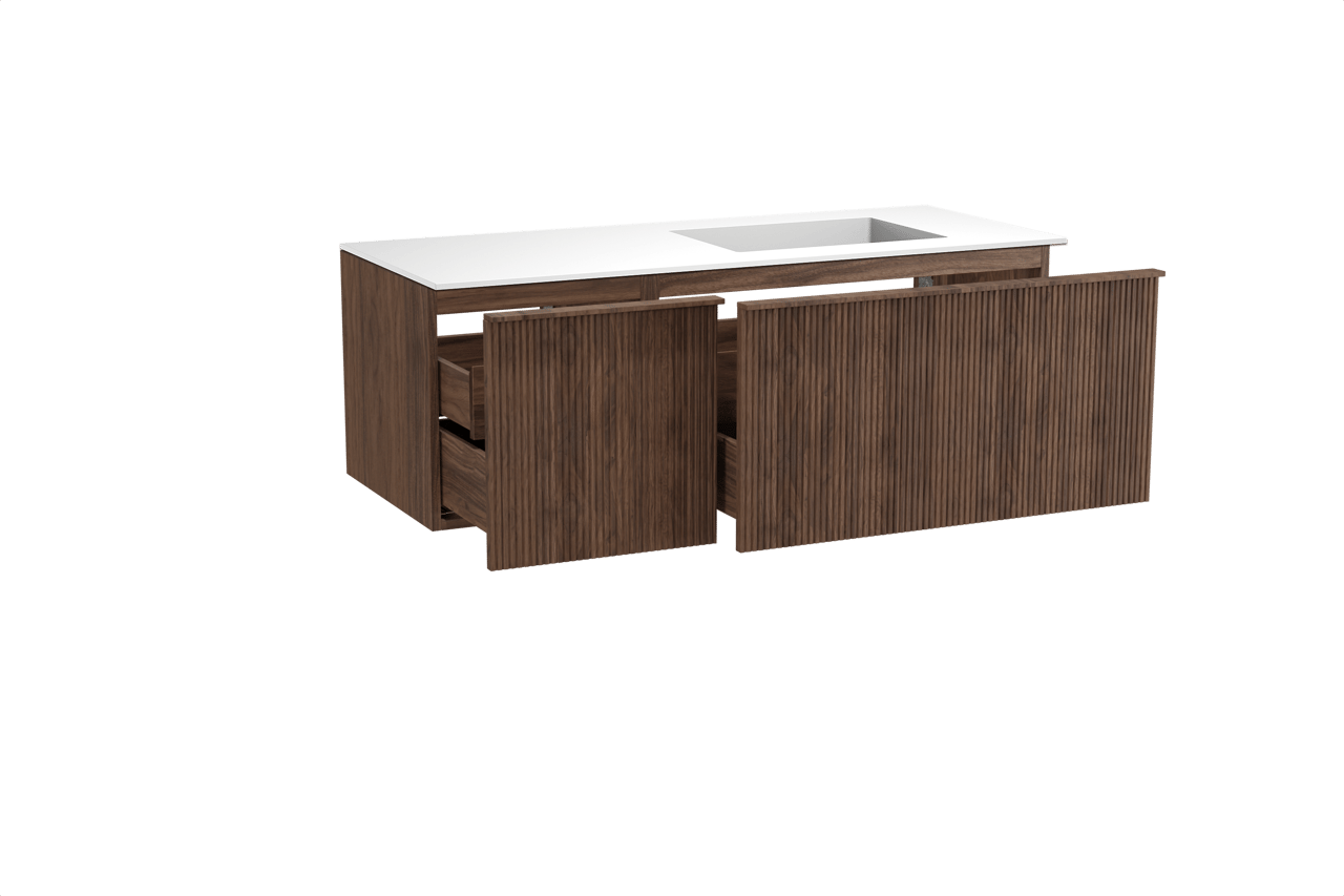 Balmani Forma meuble salle de bains suspendu 135 x 55 cm noyer américain avec Tablo Stretto vasque asymétrique droite en solid surface blanc mat, Nervure droite symétrique verticale