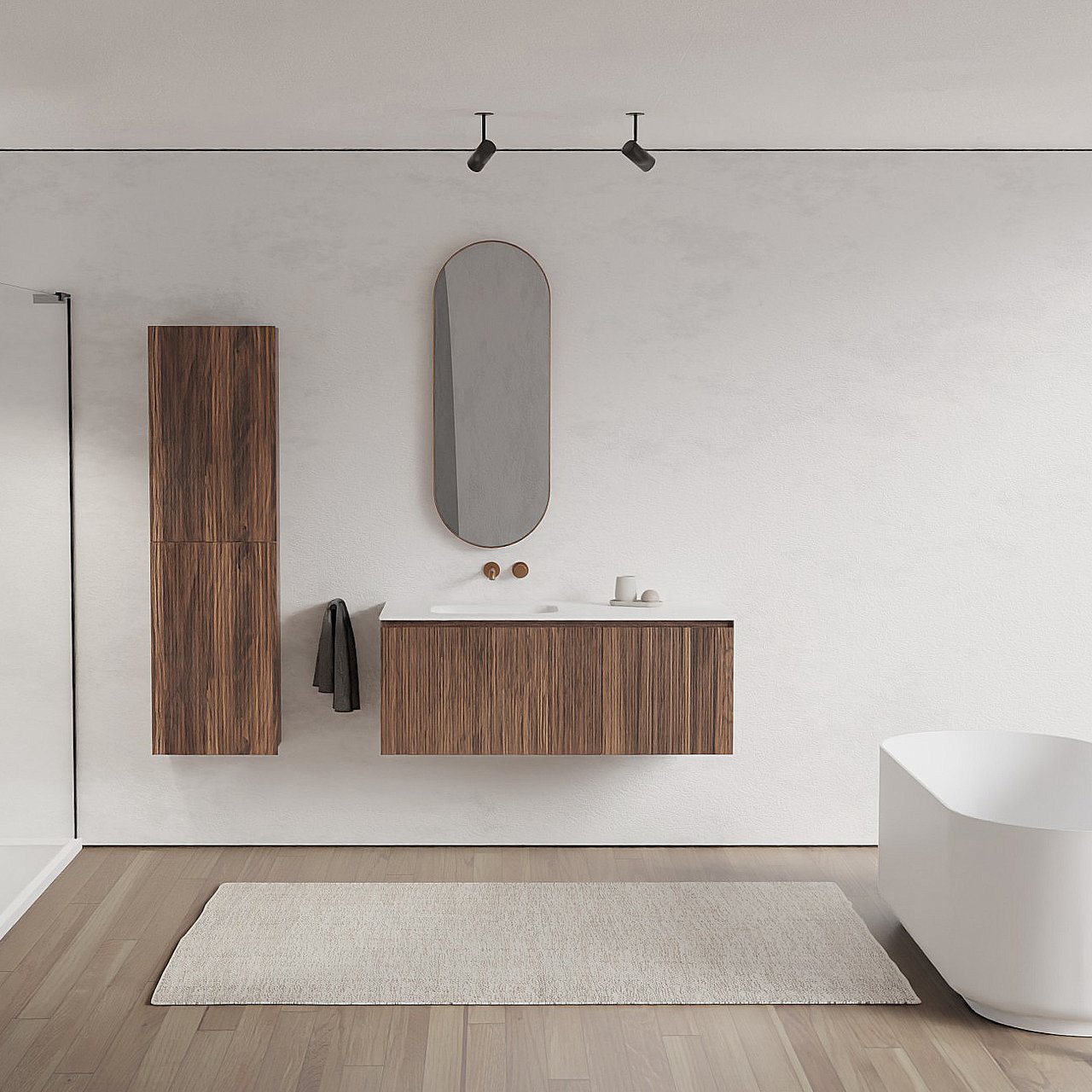 Balmani Fila hängendes Möbelstück Set: 120 x 55 cm, Nussbaum, mit Tablo Arcato Waschtisch links, Solid Surface, Weiß matt, Vertikale symmetrische gerade Rippe