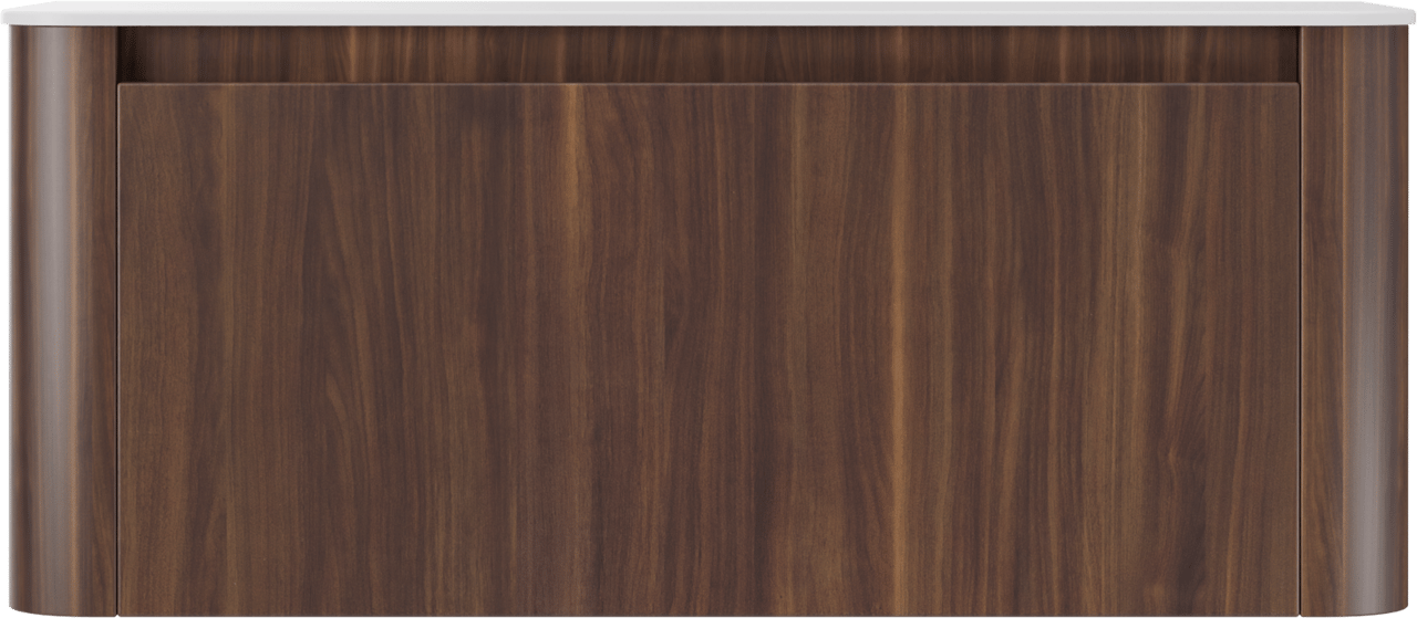 Storke Soft zwevend badkamermeubel 120 x 46 cm notelaar met Tavola Soft enkele of dubbele tablet in solid surface mat wit