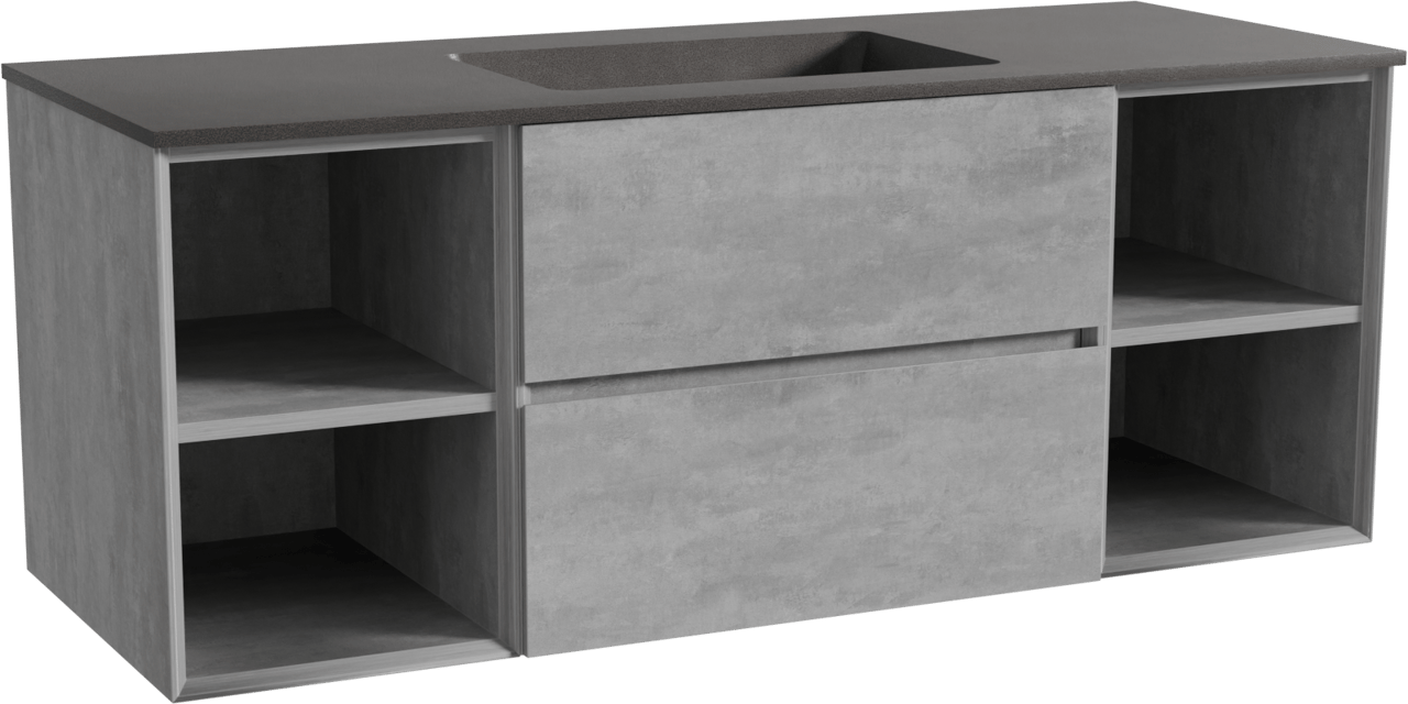 Storke Edge meuble salle de bains suspendu 135 x 52 cm béton gris foncé avec Scuro plan simple en quartz noir mat