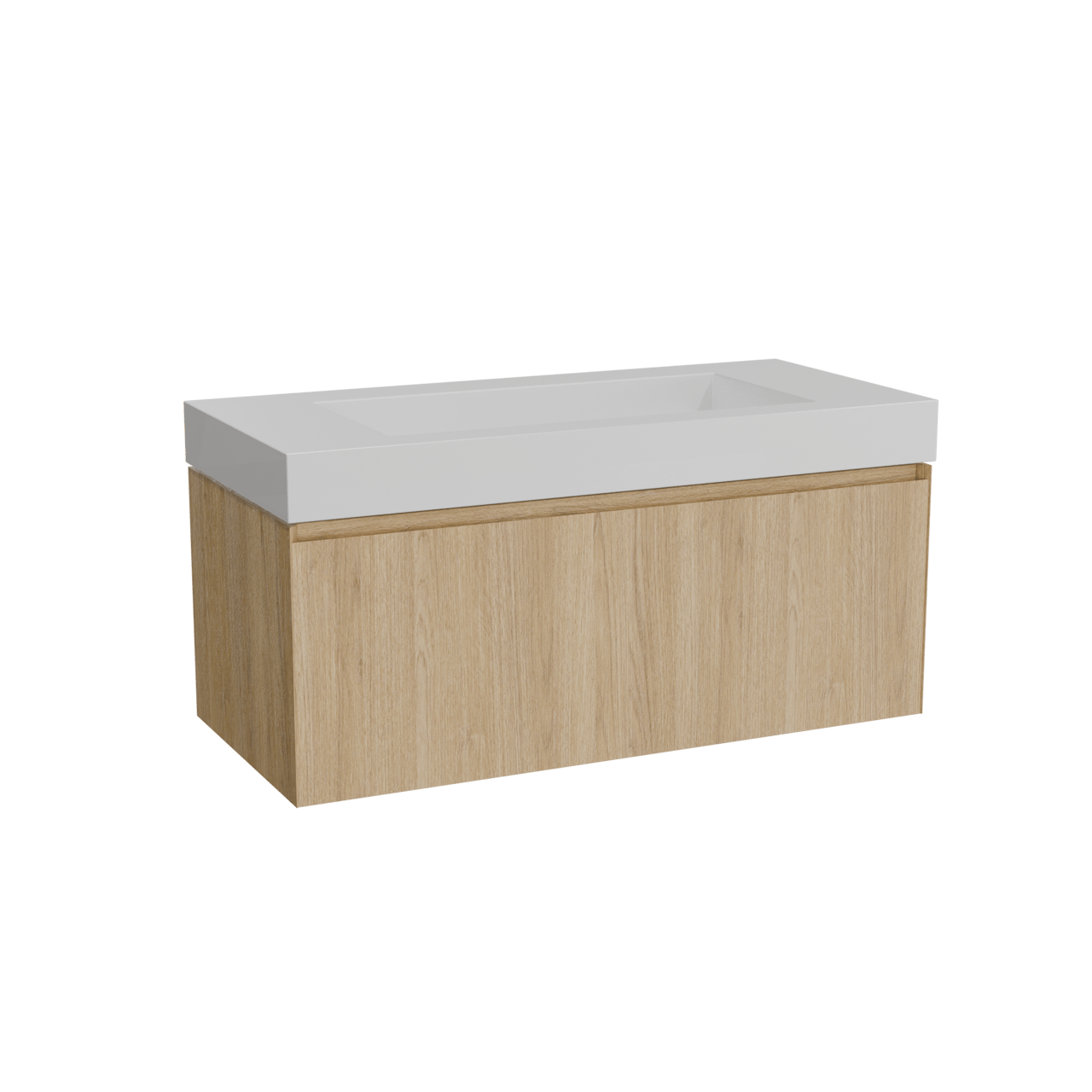 Balmani Idra hängendes Möbelstück Set: 120 x 55 cm, Naturbelassene Eiche, mit Modus Einzelwaschtisch für 2 Armaturenlöcher, Solid Surface Weiß matt
