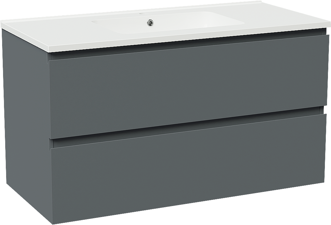 Linie Lado hängendes Möbelstück Set: 100 x 46 cm, Anthrazitblau, mit Vano Einzelwaschtisch, Marmorkomposit Weiß glänzend