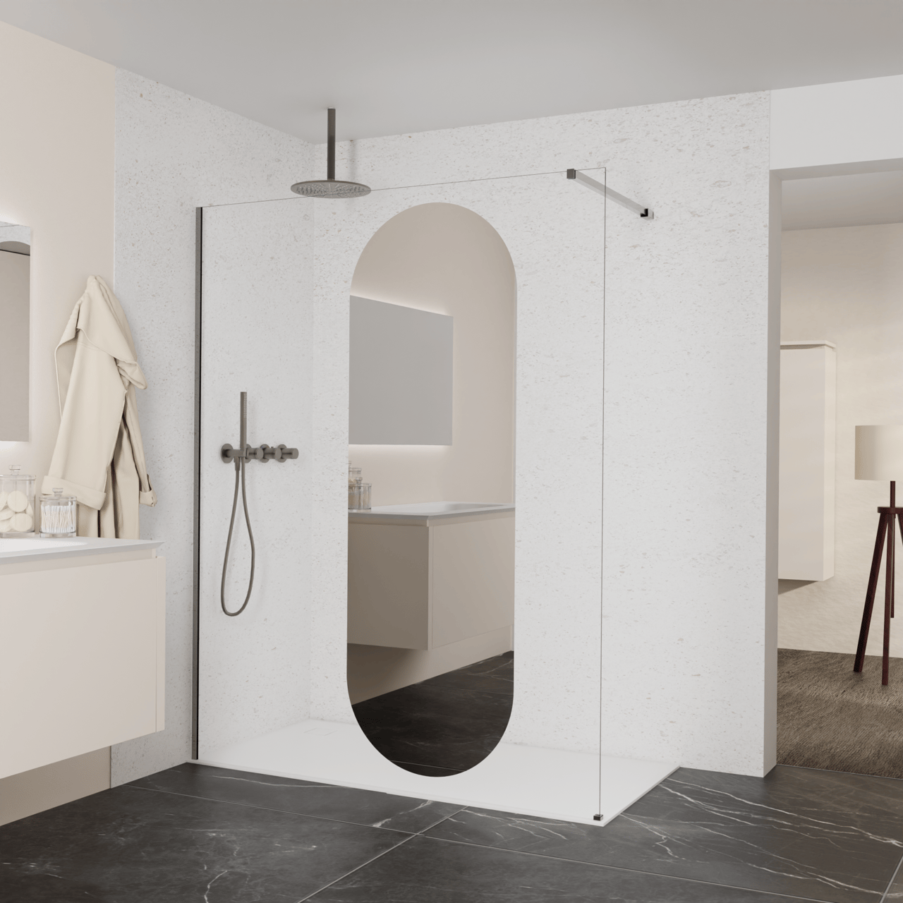 Balmani Modular Walk-In Dusche: 160 x 200 cm, Reflex-Spiegelglas Oval, Profil Brushed GunMetal