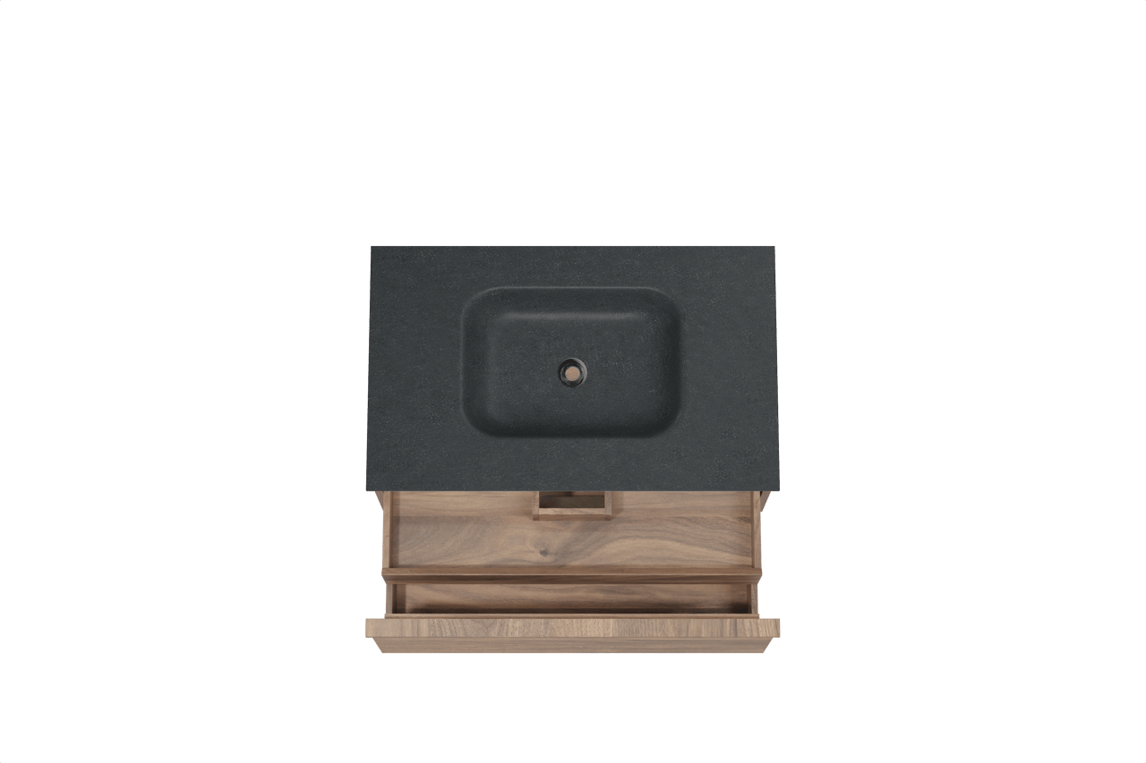 Balmani Forma meuble salle de bains suspendu 90 x 55 cm noyer américain avec Tablo Arcato plan simple en granit noir, Nervure droite symétrique horizontale