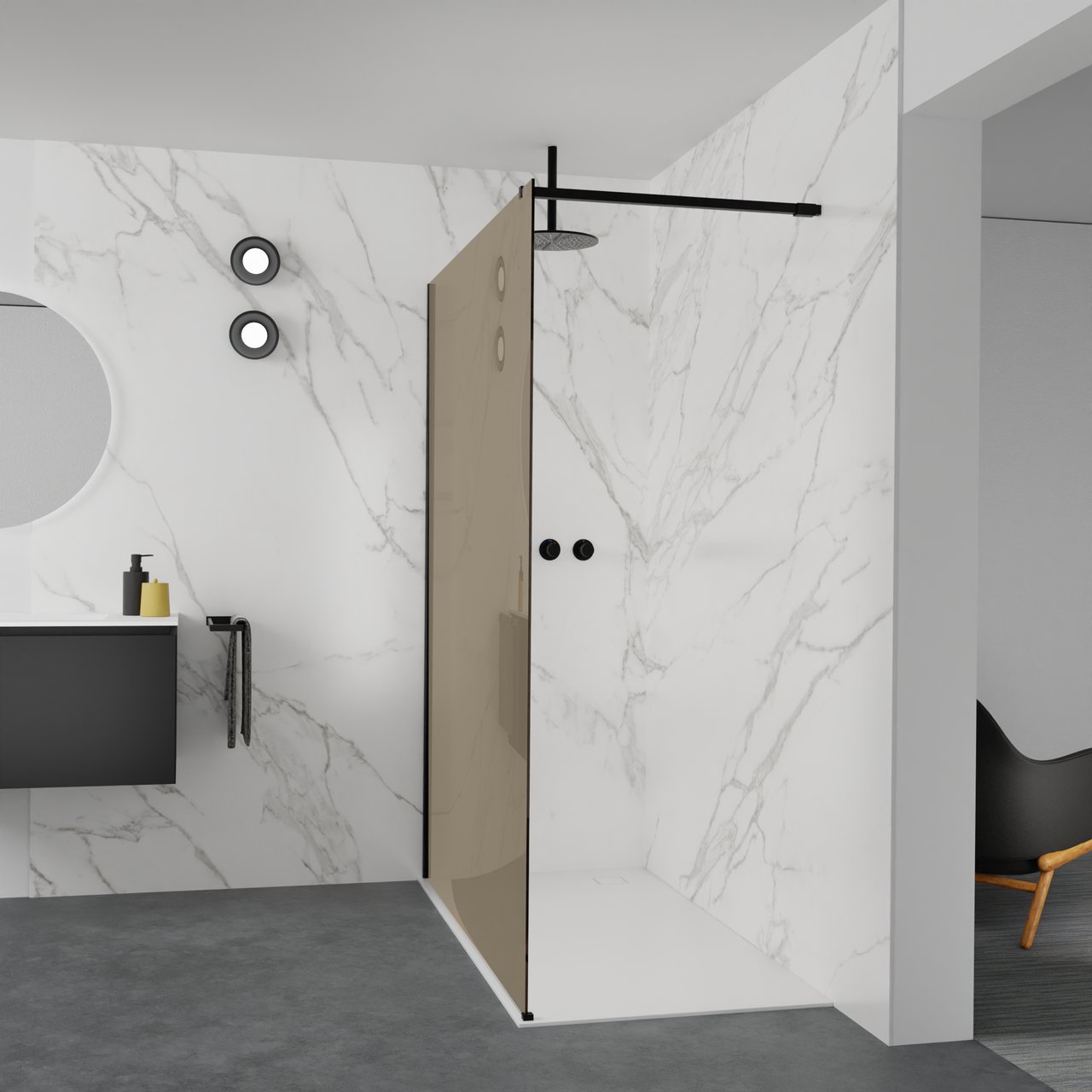 Balmani Modular douche à l'italienne: 160 x 200 cm, Verre bronze, avec coating, Profil Noir mat