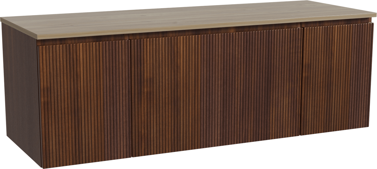 Storke Ribs zwevend badmeubel 145 x 52 cm notenhout met Panton enkel of dubbel wastafelblad in melamine ruw eiken, Verticale symmetrische rechte ribbel