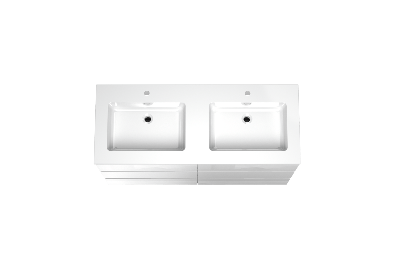 Storke Edge freistehendes Möbelstück Set: 130 x 52 cm, Weiß glänzend, mit Diva Doppelwaschtisch, Marmorkomposit Weiß glänzend