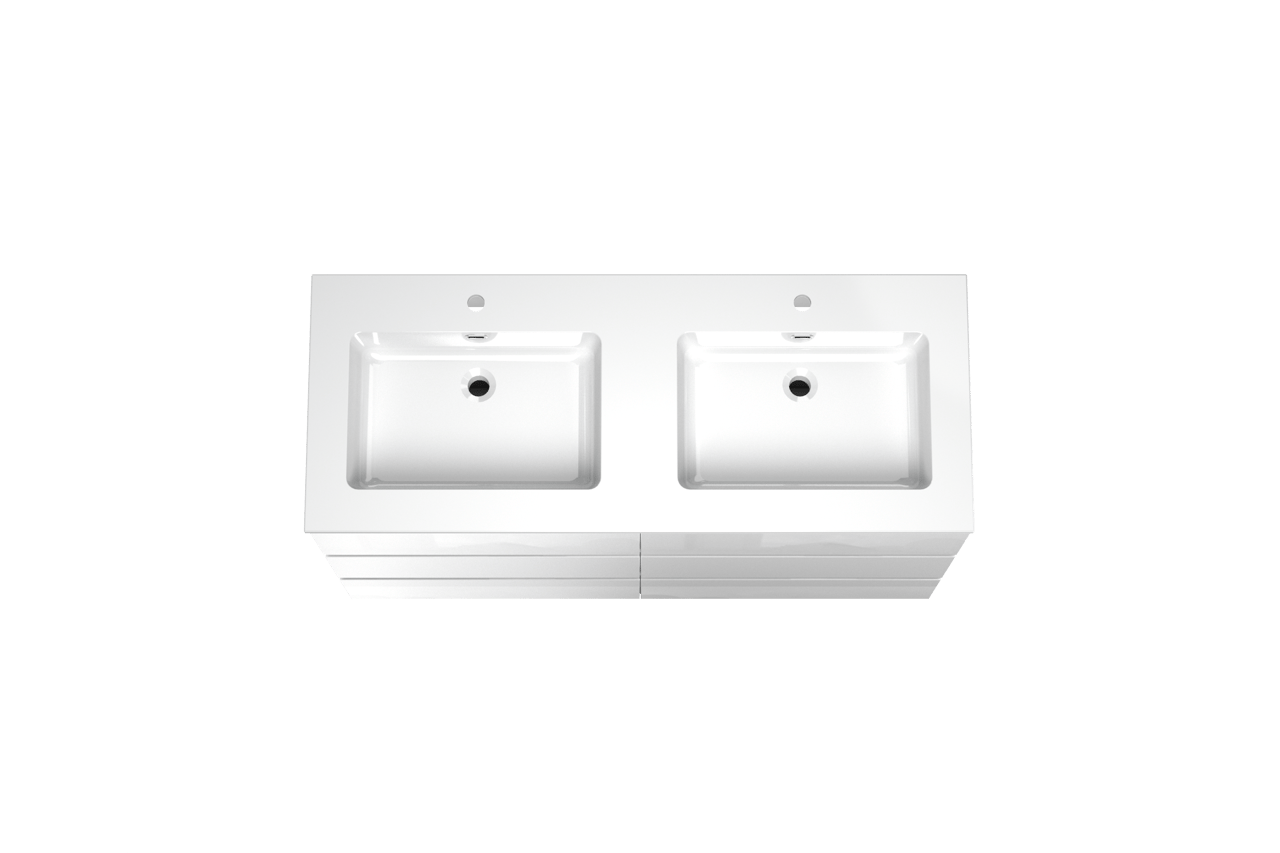 Storke Edge meuble salle de bains à poser 130 x 52 cm blanc brillant avec Diva double vasque en marbre composite blanc brillant