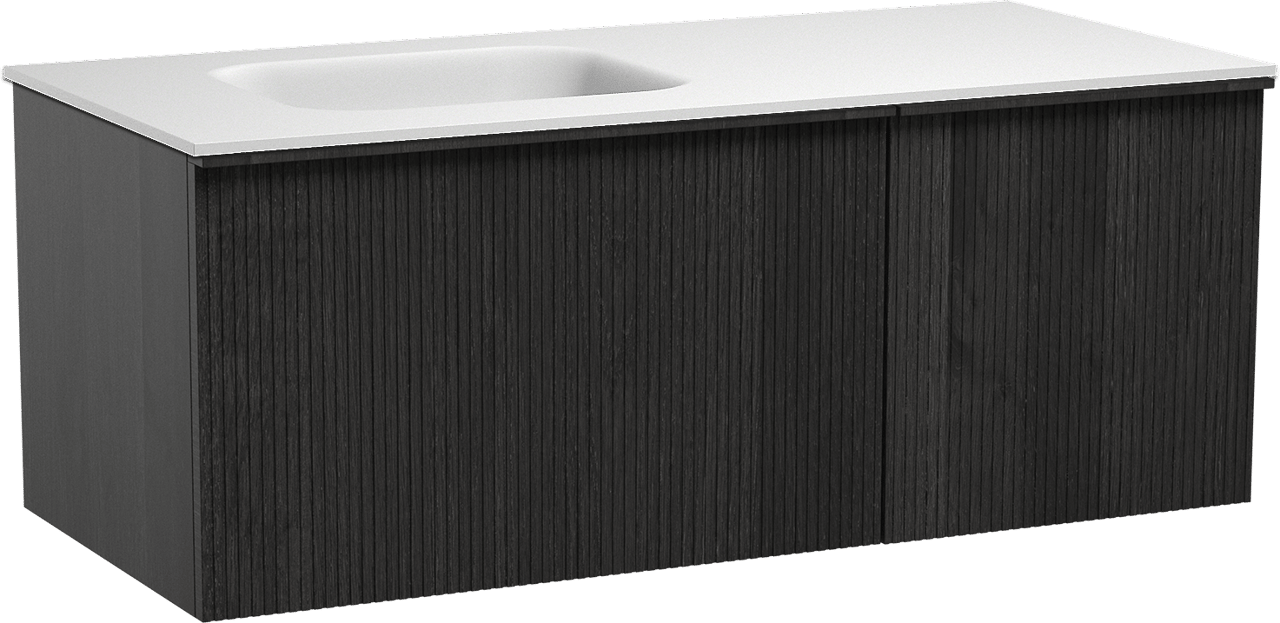 Balmani Forma hängendes Möbelstück Set: 120 x 55 cm, Schwarze Eiche, mit Tablo Arcato Waschtisch links, Solid Surface, Weiß matt, Vertikale symmetrische gerade Rippe