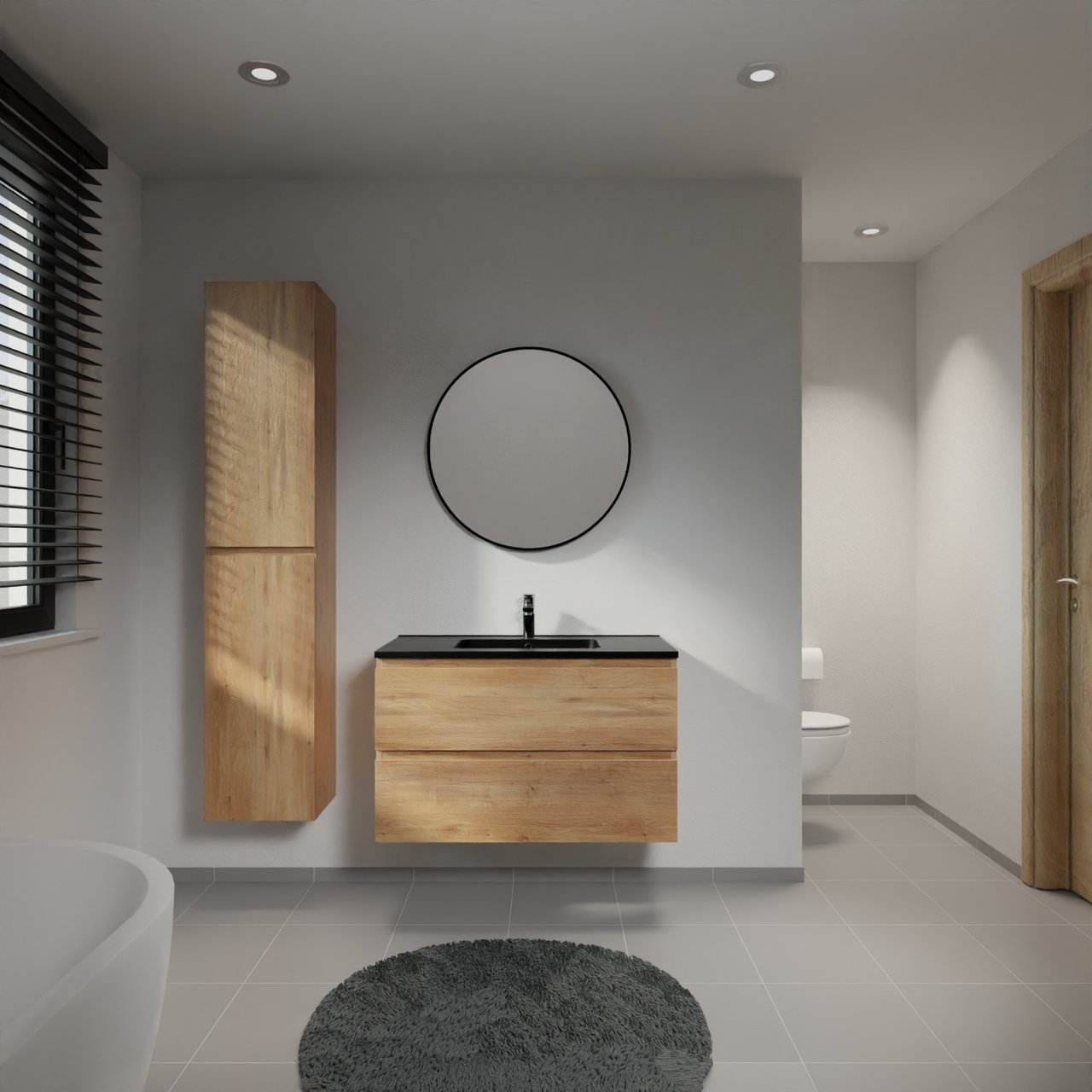 Linie Lado meuble salle de bains suspendu 90 x 46 cm chêne naturel avec Vano plan simple en marbre composite noir mat