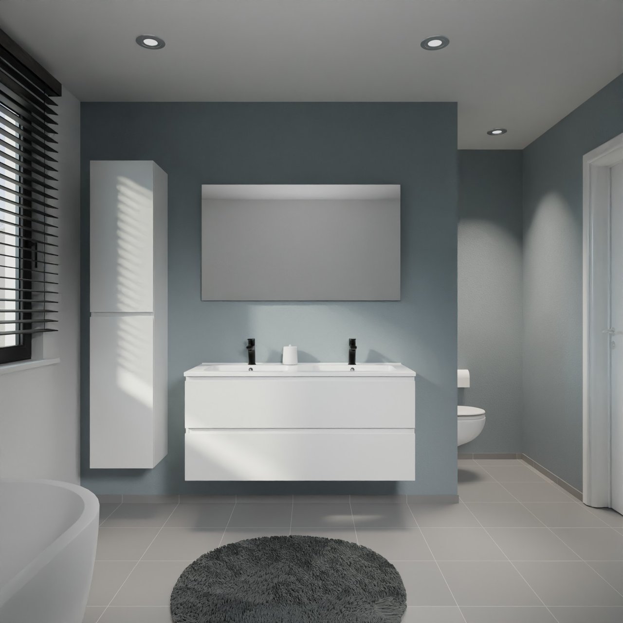 Linie Lado meuble salle de bains suspendu 120 x 46 cm blanc mat avec Vano double vasque en marbre composite blanc brillant