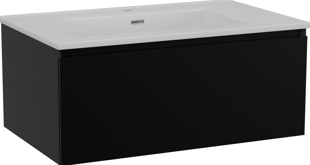 Storke Edge zwevend badmeubel 85 x 52 cm mat zwart met Kera enkele wastafel in porselein hoogglans wit