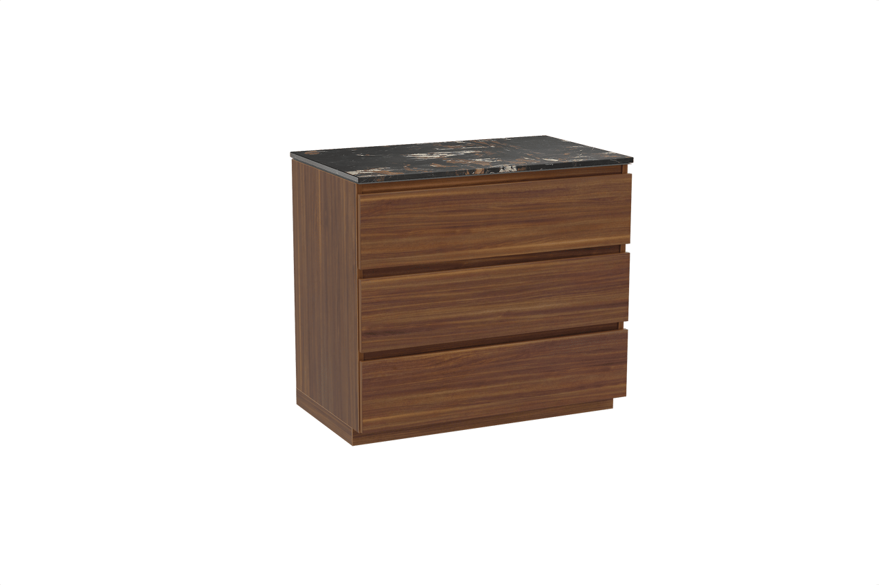 Balmani Lucida freistehendes Möbelstück Set: 90 x 55 cm, Amerikanischer Nussbaum, mit Stretto Einzel Waschtischplatte, Marmor Portoro Gold